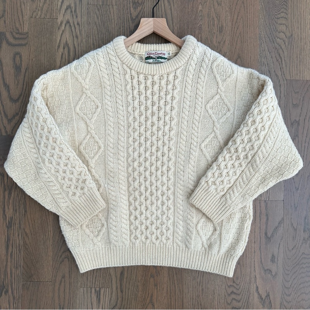 Vintage Celtic Country 100% Wool Irish Cable Knit Crew Neck Sweater Cream Large